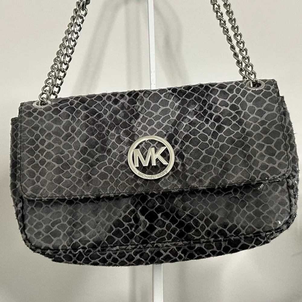 Michael Kors Grey Snakeskin‎ Embossed Shoulder Bag Silver MK Logo Chain Strap